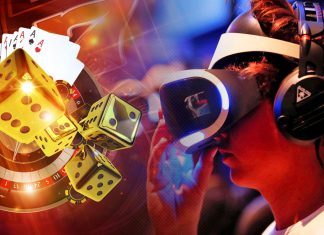 VR Games: The Future Of Online Gaming Casino Sites Man wearing a VR Game headset with dice and playing cards
